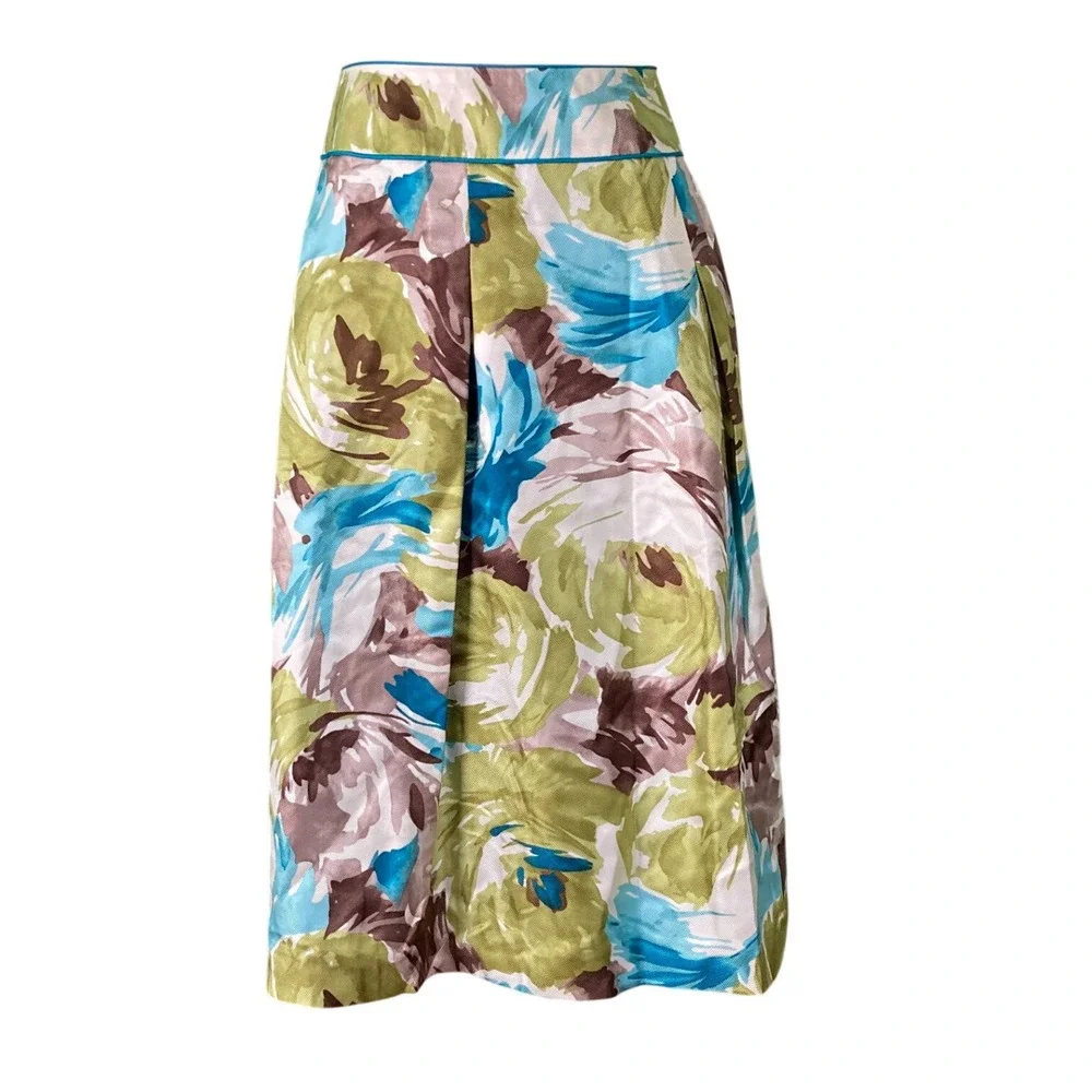 Talbots 100% Silk Floral Midi Skirt Lined Blue Green Abstract Chic Plus Size 22